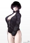  1girl black_eyes black_hair breasts center_opening cleavage closed_mouth covering covering_crotch cowboy_shot expressionless jacket large_breasts long_sleeves looking_at_viewer naked_track_jacket original short_hair solo souryu track_jacket 