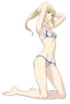  1girl armpits arms_up artoria_pendragon_(all) bangs bare_legs barefoot bikini blonde_hair blush breasts eyebrows_visible_through_hair fate/grand_order fate_(series) green_eyes grey_background grin highres kneeling lip-mil long_hair looking_at_viewer navel parted_lips ponytail saber sidelocks simple_background small_breasts smile solo swimsuit thighs white_bikini 