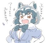  1girl :d animal_ears blue_jacket blush_stickers breasts brown_eyes cleavage commentary_request common_raccoon_(kemono_friends) eyebrows_visible_through_hair fangs fur_collar grey_hair grey_ribbon jacket kemono_friends large_breasts mitsumoto_jouji neck_ribbon open_mouth popped_button raccoon_ears ribbon short_hair simple_background smile solo translation_request upper_body white_background 