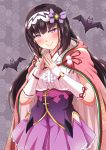  1girl absurdres bat black_hair blush bow breasts cloak fate/grand_order fate_(series) fingerless_gloves fingers_together frilled_skirt frills gloves hair_bow hairband head_tilt highres hood hood_down hooded_cloak large_breasts long_hair looking_at_viewer origami osakabe-hime_(fate/grand_order) poruporu purple_skirt skirt smile solo steepled_fingers sweatdrop very_long_hair violet_eyes 