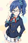  1girl ;d aikatsu! bangs black-framed_eyewear blazer blue_eyes blue_hair blush cowboy_shot eyebrows_visible_through_hair glasses hair_ornament hair_scrunchie index_finger_raised jacket kiriya_aoi long_hair long_sleeves looking_at_viewer miniskirt one_eye_closed open_mouth school_uniform scrunchie shiina_kuro side_ponytail sidelocks skirt smile solo white_skirt 