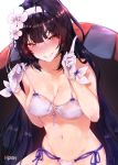  1girl absurdres artist_name bangs bare_shoulders bikini black_hair blush breasts cleavage collarbone commentary_request flower full-face_blush girls_frontline grin hair_flower hair_ornament hairband highres hips hplay index_finger_raised long_hair looking_at_viewer medium_breasts navel parasol qbz-95_(girls_frontline) side-tie_bikini simple_background smile solo strap_pull swimsuit umbrella very_long_hair waist white_background white_bikini white_hairband yellow_eyes 