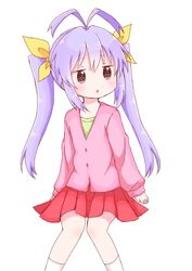  antenna_hair bangs blush brown_eyes chestnut_mouth eyebrows_visible_through_hair hair_between_eyes hair_ribbon highres jitome knees_together_feet_apart long_hair long_sleeves looking_away looking_to_the_side miyauchi_renge non_non_biyori parted_lips pink_shirt pleated_skirt purple_hair red_skirt ribbon shika_(s1ka) shirt simple_background sitting skirt sleeves_past_wrists socks twintails white_background white_legwear yellow_ribbon 