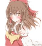  1girl bangs blush bow brown_eyes brown_hair closed_mouth detached_sleeves eyebrows_visible_through_hair frilled_bow frills hair_between_eyes hair_bow hair_tubes hakurei_reimu hiro_(hirohiro31) looking_at_viewer nontraditional_miko red_bow ribbon-trimmed_sleeves ribbon_trim simple_background solo touhou twitter_username upper_body white_background 
