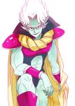  1boy abs anz boots bracelet cape dragon_ball fangs gasshu green_skin jewelry open_mouth pointy_ears red_eyes simple_background solo spiky_hair white_background white_hair 