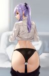  1girl ass black_panties black_skirt blurry commentary depth_of_field dimples_of_venus from_behind highres houtengeki long_hair looking_at_viewer looking_back original panties parted_lips pointy_ears profile purple_hair red_eyes shirt skirt skirt_pull solo standing sunlight thigh_gap twintails underwear undressing white_shirt 