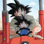  2boys :d artist_name black_eyes black_hair chinese_clothes dated dragon_ball dragon_ball_super dragonball_z driving father_and_son happy lowres male_focus multiple_boys open_mouth short_hair sky smile son_gokuu son_goten spiky_hair tractor 