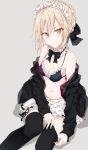  1girl apron artoria_pendragon_(swimsuit_rider_alter)_(fate) bangs bikini black_bikini black_legwear blonde_hair blush braid breasts closed_mouth dressing fate/grand_order fate_(series) french_braid frilled_apron frilled_bikini frills grey_background hood hoodie knee_up looking_at_viewer maid_bikini navel open_clothes open_hoodie shiina_kuro sidelocks simple_background sitting small_breasts solo swimsuit thigh-highs thighs waist_apron yellow_eyes 