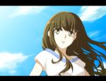  1girl anime_coloring aya7721 bangs blue_sky blunt_bangs brown_eyes brown_hair clouds fate/extella fate/extra fate_(series) kishinami_hakuno_(female) long_hair open_mouth short_sleeves sky solo striped upper_body 