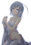  1girl ahoge akino_coto bare_shoulders bed_sheet blue_eyes blush breasts cleavage covering highres looking_at_viewer medium_breasts naked_sheet navel nude_cover original short_hair silver_hair simple_background solo white_background 