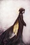  1girl angel_wings avodkabottle black_dress black_eyes black_gloves black_hair commentary dress feathered_wings from_side gloves grey_background hands_together highres hood_up long_dress long_sleeves profile robe solo standing wings 