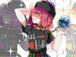  1girl arm_up blush chains commentary_request english globe hammer_(sunset_beach) hand_behind_head hat heart hecatia_lapislazuli multicolored multicolored_clothes multicolored_skirt plaid plaid_skirt redhead short_hair skirt solo sparkle touhou upper_body wavy_mouth 