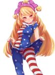  &gt;:) 1girl absurdres american_flag_dress american_flag_legwear bangs blonde_hair blush breasts closed_mouth clownpiece covered_navel danji_aq dress dress_lift hat head_tilt highres horizontal_stripes jester_cap lifted_by_self long_hair medium_breasts nail_polish neck_ruff pantyhose pointy_ears polka_dot red_eyes short_dress short_sleeves simple_background smile solo standing star star_print striped swept_bangs touhou very_long_hair white_background 