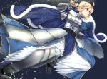  1girl ahoge armor armored_dress artoria_pendragon_(all) blonde_hair cape commentary_request excalibur fate/grand_order fate/stay_night fate_(series) gauntlets green_eyes hair_bun hair_ribbon holding holding_sword holding_weapon kinntarou ribbon saber solo sword weapon 