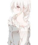  1girl albino bangs blush camisole closed_mouth collarbone eyebrows_visible_through_hair hair_between_eyes hiro_(hirohiro31) hood hoodie long_hair looking_at_viewer open_clothes open_hoodie original pink_eyes ponytail profile simple_background solo upper_body white_background white_hair 