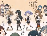  6+girls ahoge akebono_(kantai_collection) asashio_(kantai_collection) black_hair blonde_hair blue_hair blush_stickers broom brown_hair clenched_teeth closed_eyes comic commentary_request crossed_arms double_bun dress elbow_gloves fan gloves grey_hair hair_over_one_eye hair_over_shoulder hair_ribbon harisen kantai_collection kiyoshimo_(kantai_collection) long_sleeves michishio_(kantai_collection) multiple_girls ooshio_(kantai_collection) open_mouth otoufu pantyhose pinafore_dress pleated_skirt ponytail purple_hair remodel_(kantai_collection) ribbon rolled_up_newspaper school_uniform serafuku shirt short_hair short_sleeves side_ponytail sidelocks skirt sleeveless sleeveless_shirt smile spray_can teeth thigh-highs translation_request twintails ushio_(kantai_collection) 