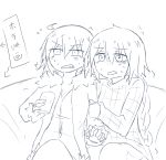  2girls ahoge arm_hug braid casual clenched_teeth cup directional_arrow fate/grand_order fate_(series) flying_sweatdrops fur_trim greyscale holding holding_cup jeanne_alter long_braid long_sleeves monochrome multiple_girls open_mouth ruler_(fate/apocrypha) scared short_hair single_braid sitting sketch sweat teeth the_iizumi translated white_background 
