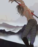  1boy armpits boots day fog from_behind holding holding_weapon kibadori_rue leaning_forward long_hair looking_at_viewer looking_back male_focus outdoors pants scp-076-2 scp_foundation solo topless weapon yellow_eyes 