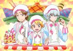  3boys apron black-framed_eyewear blonde_hair blue_shirt bow bowtie brown_hair food fruit glasses hat hazama_michio idolmaster idolmaster_side-m kirakira_patisserie_uniform kirakira_precure_a_la_mode maita_rui male_focus multiple_boys pancake parody pink_neckwear precure puffy_sleeves ribbon s.e.m shirt short_hair silver_hair strawberry style_parody upper_body violet_eyes whisk white_apron white_hat yamashita_jirou 