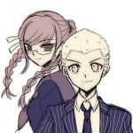  1boy 1girl black_eyes black_necktie black_shirt blonde_hair braid brown_hair closed_mouth collared_shirt danganronpa_(series) danganronpa_2:_goodbye_despair glasses hair_ribbon highres jacket kuzuryu_fuyuhiko necktie open_clothes open_jacket otake0san pekoyama_peko ribbon sailor_collar shirt short_hair smile striped striped_jacket twin_braids twintails very_short_hair white_ribbon white_shirt 