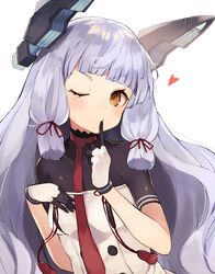  1girl bangs crop_top dress eyebrows eyebrows_visible_through_hair finger_to_mouth gloves hair_ornament hair_ribbon headgear heart kantai_collection long_hair murakumo_(kantai_collection) necktie one_eye_closed orange_eyes remodel_(kantai_collection) ribbon sailor_dress shugao silver_hair solo strapless strapless_dress tress_ribbon tube_dress 