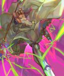  1girl armpits bare_shoulders berserker_of_black blue_eyes boots breasts closed_mouth dress electricity fate/apocrypha fate_(series) greaves hair_over_eyes holding holding_weapon horn kibadori_rue looking_at_viewer mace pink_background pink_hair short_hair small_breasts solo weapon wedding_dress 