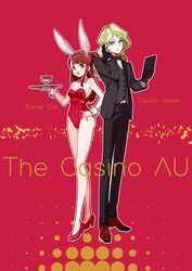  2girls alternate_universe animal_ears bow bowtie casino commentary_request diana_cavendish english formal gloves high_heels kagari_atsuko leotard little_witch_academia milk_puppy multiple_girls playboy_bunny_leotard rabbit_ears suit 