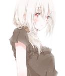  1girl albino arm_at_side bangs black_blouse blouse blush eyebrows_visible_through_hair from_side hair_between_eyes hair_over_shoulder hiro_(hirohiro31) looking_at_viewer low_ponytail original parted_lips red_eyes side_ponytail sidelocks simple_background solo white_background white_hair 