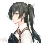  1girl closed_mouth dated eyebrows_visible_through_hair from_side green_eyes grey_hair hair_between_eyes hair_tie kantai_collection lips long_hair looking_at_viewer muneate one_eye_closed rokuwata_tomoe simple_background solo twintails twitter_username upper_body white_background zuikaku_(kantai_collection) 