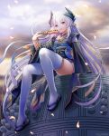 1girl bell eyebrows_visible_through_hair fan fate/grand_order fate_(series) folding_fan horns japanese_clothes kiyohime_(fate/grand_order) lavender_hair long_hair looking_at_viewer plastic_moon red_eyes sandals sitting solo thigh-highs very_long_hair 