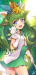  1girl blue_eyes blush elbow_gloves eyebrows_visible_through_hair fluffy_ears gloves green_hair highres league_of_legends lee_seok_ho long_hair looking_at_viewer lulu_(league_of_legends) open_mouth pointy_ears smile solo star_guardian_lulu white_gloves yordle 