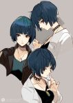  1girl bangs blue_hair blunt_bangs brown_eyes collage jacket jewelry labcoat leather leather_jacket multiple_views nail_polish necklace nineo persona persona_5 short_hair studded_collar takemi_tae upper_body 