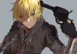  1boy belt billy_the_kid_(fate/grand_order) blonde_hair blue_neckwear commentary eyebrows_visible_through_hair fate/grand_order fate_(series) grey_background grey_eyes grey_jacket grin gun gun_to_head hair_between_eyes handgun holding holding_gun holding_weapon jacket kibadori_rue looking_at_viewer male_focus necktie revolver simple_background smile solo vambraces weapon 