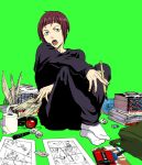  1boy bakuman black_pants black_shirt crossed_arms eraser expressionless green_background headphones holding long_sleeves looking_away male_focus manga_(object) marker moyo_(inuchiyo) niizuma_eiji open_mouth pages pants pen pencil purple_hair shirt short_hair simple_background socks solo toilet_paper violet_eyes 