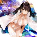  1girl bikini breasts brown_eyes brown_hair cape character_request fur_trim hitaki_yuu jewelry large_breasts looking_at_viewer navel necklace pom_pom_(clothes) smile solo stage_lights swimsuit thigh-highs 