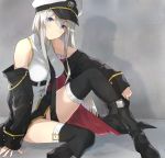  1girl azur_lane bangs black_footwear black_legwear blush boots breasts closed_mouth coat enterprise_(azur_lane) hair_between_eyes hat knee_boots knee_up long_hair looking_at_viewer medium_breasts open_clothes open_coat peaked_cap shadow shiny shiny_hair sidelocks silver_hair sitting solo somechime_(sometime1209) tareme thigh-highs thighs 