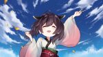  1girl animal_ears arm_up bangs blue_sky closed_mouth clouds diieru eyebrows_behind_hair eyebrows_visible_through_hair falling_petals hair_between_eyes highres japanese_clothes kimono leaf looking_at_viewer open_mouth petals short_hair sky smile solo touhoku_kiritan upper_body v victory_pose voiceroid 