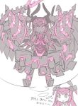  1girl blade_(galaxist) commentary_request drill dual_persona fate/grand_order fate_(series) glowing grey_eyes horns lancer_(fate/extra_ccc) legs_apart long_hair looking_at_viewer mecha parted_lips pink_eyes pink_hair pointy_ears robot simple_background standing thinking white_background 