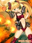  1girl :d blonde_hair breasts cleavage eyebrows_visible_through_hair floating_hair green_eyes leotard long_hair looking_at_viewer mecha_musume midriff navel open_mouth red_legwear revealing_clothes small_breasts smile solo standing stomach thigh-highs twintails very_long_hair weapon_girls yangsion 