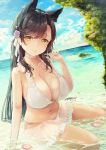  1girl absurdres animal_ears arm_support atago_(azur_lane) azur_lane bangs bare_legs bare_shoulders bikini blue_sky breasts brown_hair choker cleavage collarbone commentary_request day dutch_angle eyebrows_visible_through_hair flower hair_flower hair_ornament hand_up heart highres horizon huge_breasts long_hair looking_at_viewer mole mole_under_eye nail_polish navel ocean outdoors parted_lips peppe petals pink_nails sarong see-through sitting sky smile solo stomach swept_bangs swimsuit water white_bikini white_neckwear yellow_eyes 