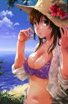  1girl bangs beach bikini breasts brown_eyes brown_hair cleavage day dress_shirt hair_between_eyes hands_up hat highres horizon large_breasts lips long_hair looking_at_viewer navel open_clothes open_shirt original outdoors parted_lips purple_bikini shade shirt sleeves_rolled_up solo straw_hat sun_hat swimsuit teoshiguruma unbuttoned unbuttoned_shirt white_shirt 