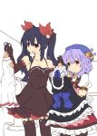  2girls bare_shoulders black_hair braid breasts cleavage elbow_gloves fantasy flower four_goddesses_online:_cyber_dimension_neptune gloves hair_between_eyes hair_flower hair_ornament hat large_breasts leotard long_hair multiple_girls neptune_(series) noire normaland open_mouth purple_hair pururut red_eyes smile thigh-highs tied_hair twintails violet_eyes 