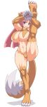  1girl abs animal_ears blush_stickers breasts cat_ears disgaea fang feet flexible full_body fur highres huge_breasts jadf kneepits long_hair looking_at_viewer makai_senki_disgaea muscle muscular_female nekomata_(disgaea) oversized_limbs paws pink_hair smile soles solo standing standing_on_one_leg tail thick_thighs thighs tiptoes violet_eyes white_background 