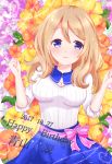  1girl aoyama_blue_mountain bangs blonde_hair blue_eyes blue_skirt blush bow breasts character_name cleavage cleavage_cutout closed_mouth collared_shirt commentary_request dated english eyebrows_visible_through_hair floral_background gochuumon_wa_usagi_desu_ka? happy_birthday highres kyunmofu large_breasts leaf long_hair looking_at_viewer pink_bow ribbed_sweater sash shirt skirt sleeves_rolled_up smile solo sweater white_sweater wing_collar 