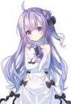  1girl ahoge azur_lane bangs blunt_bangs closed_mouth dress elbow_gloves eyebrows_visible_through_hair gloves grey_background long_hair looking_at_viewer object_hug purple_hair side_bun side_ponytail sidelocks simple_background solo stuffed_animal stuffed_toy stuffed_unicorn unicorn_(azur_lane) violet_eyes wavy_hair white_dress white_gloves yusano 