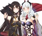  2girls aqua_nails assassin_of_red bare_shoulders black_dress blush breasts brown_hair carmilla_(fate/grand_order) claw_pose cleavage cravat detached_sleeves dress fate/apocrypha fate/grand_order fate_(series) fingernails fur_trim horns large_breasts long_fingernails long_hair looking_at_viewer multiple_girls nail_polish navel parted_lips pointy_ears see-through silver_hair simple_background slit_pupils sweatdrop umehitonekomi white_background yellow_eyes 