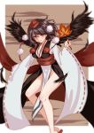  1girl absurdres alternate_costume black_hair blurry fan feathers hat highres japanese_clothes juunanaban kimono kourindou_tengu_costume leaf_fan long_sleeves looking_at_viewer pom_pom_(clothes) red_eyes shameimaru_aya smile solo tokin_hat touhou wide_sleeves wings 