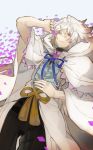  1boy bangs blue_ribbon cloak fate/grand_order fate_(series) hair_between_eyes holding kibadori_rue long_sleeves looking_at_viewer lying merlin_(fate/stay_night) neck_ribbon on_back pants parted_lips petals ribbon smile solo violet_eyes white_hair wide_sleeves 