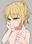  1girl blonde_hair breasts collarbone eyebrows_visible_through_hair green_eyes grey_background hands_up marsen mizuhashi_parsee nude one_side_up parted_lips pink_towel pointy_ears short_hair simple_background sketch small_breasts solo touhou towel towel_around_neck upper_body wet wiping 