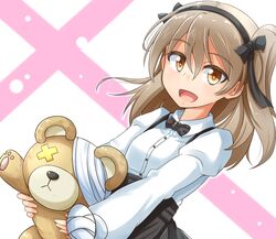  1girl :d black_skirt blush boko_(girls_und_panzer) bow bowtie brown_hair commentary_request girls_und_panzer hair_ribbon highres juliet_sleeves kitayama_miuki long_hair long_sleeves looking_at_viewer one_side_up open_mouth puffy_sleeves ribbon shimada_arisu skirt smile solo stuffed_animal stuffed_toy suspender_skirt suspenders teddy_bear upper_body yellow_eyes 